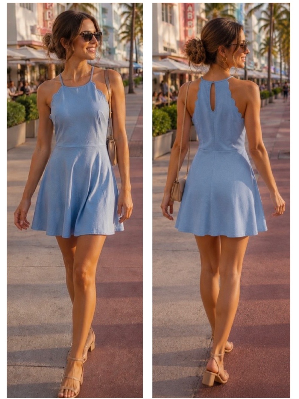 🧋 Pastel Blue Fit Flare Skater Dress Scallop Halter Mini South Beach Glam NWT S